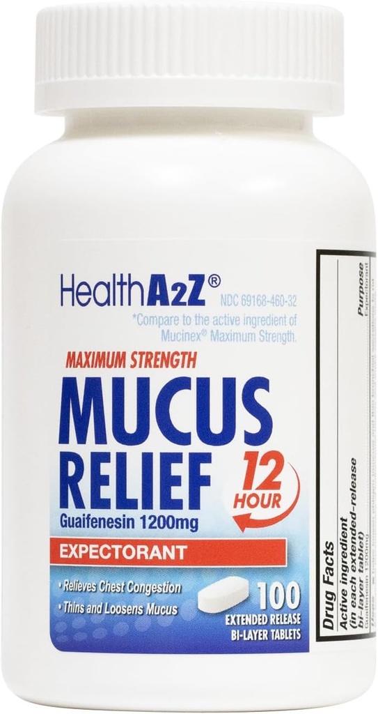 HealthA2Z® Mucus Relief ← Guaifenesin 1200 mg TENIDO 100 Tablets TEN Maximum Strength TEN 12 Hour ANTE Expectorant TEN Relieves Chest Congestion Ø Thins and Loosens Mucus (100 Tablets)
