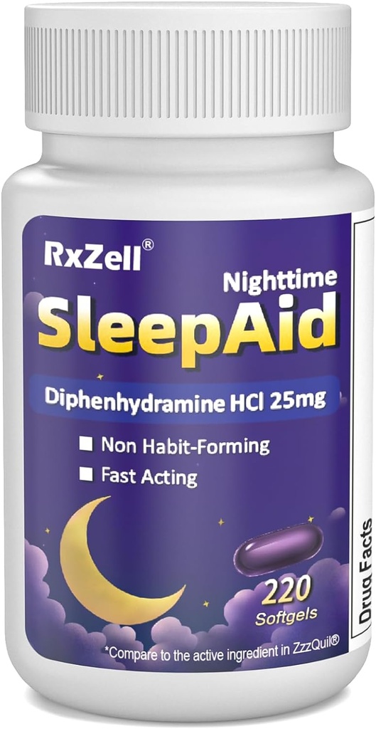 Ayuda para dormir, Diphenhydramine HCl 25mg, 220 Softgels - Fase de dormir más profundo, sueño más relajado, no forme Habit