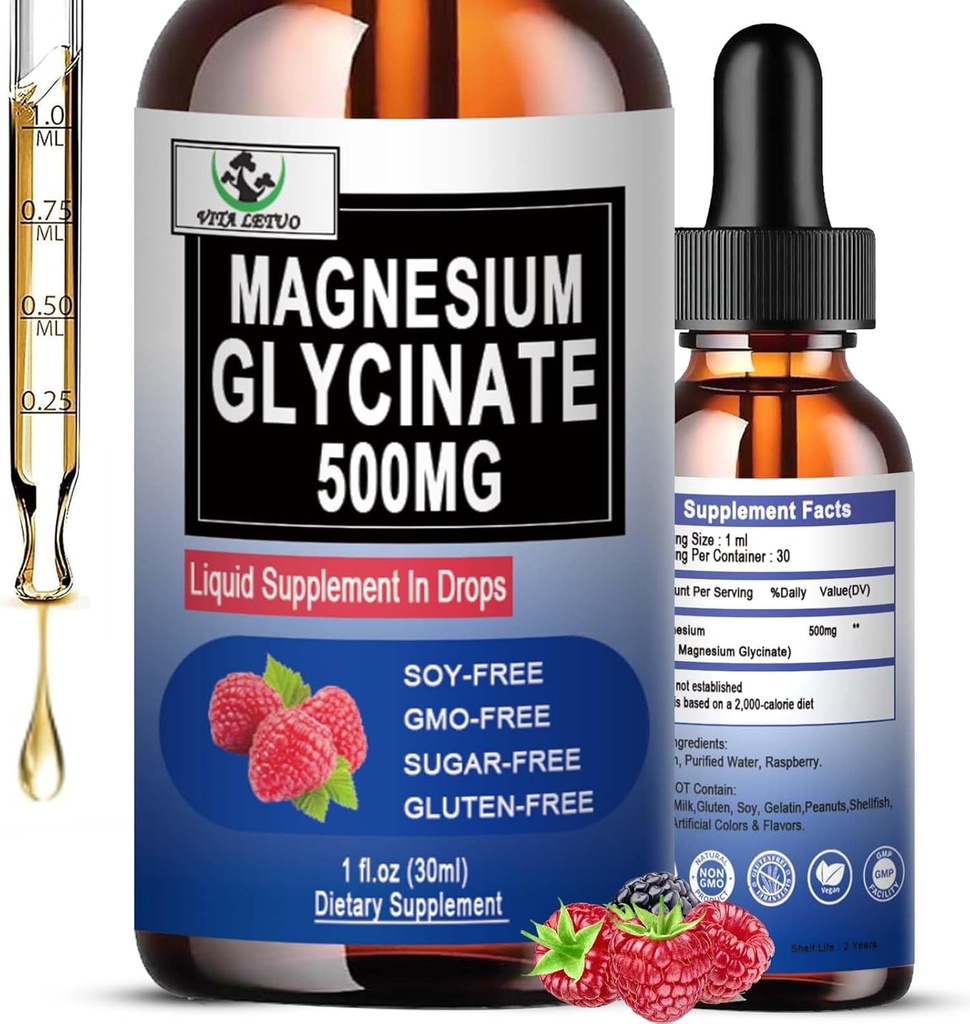Magnesium Glycinate 500mg, Liquid Magnesium Glycinate Drops 6X High Absorption for Bone, Sleep, Leg Cramps & Immune Support, Vegan, Non-GMO, Gluten-Free TEN 30 Servings
