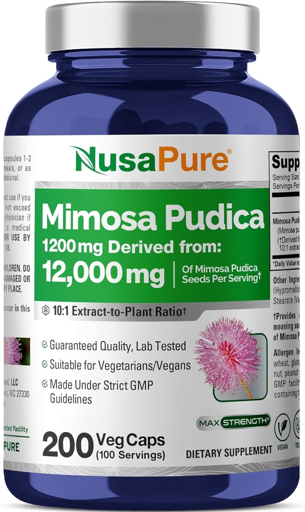 NusaPure Mimosa Pudica Semilla 10:1 Extracto, 1200 mg Equivalente a 12.000 mg 200 cápsulas Veg (No-GMO, Vegan)