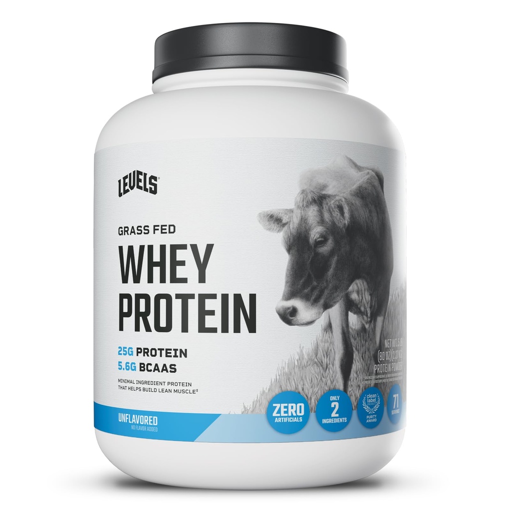 Levels Grass Fed Whey Protein Powder, No Artificials, 25G of Protein, Unflavored, 5LB