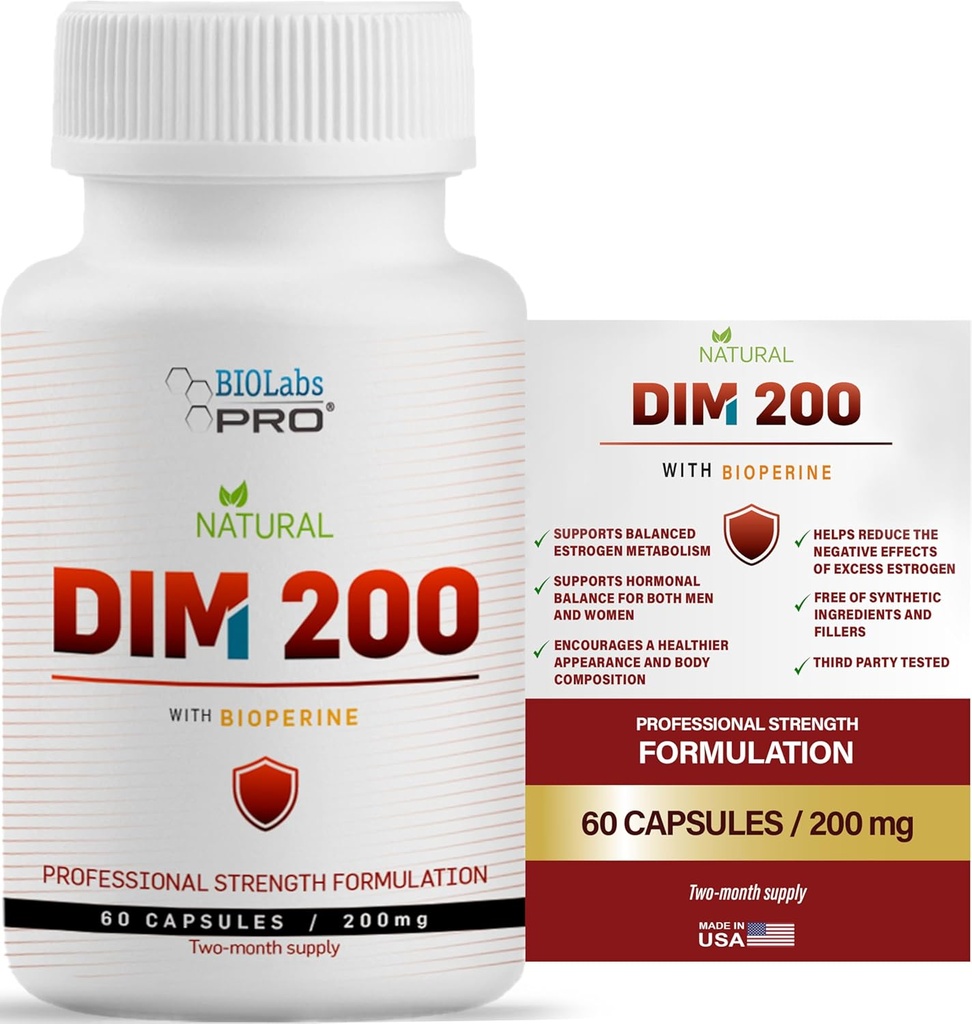 Suplemento DIM para Mujeres y Hombres, DIM 200mg Suplemento Oral Saldo hormonal, Equilibrio hormonal para Mujeres y Hombres, Diindolylmethane Gluten Free Vegetarian Twist Capsules (60 Caps - 2-Month Supply)
