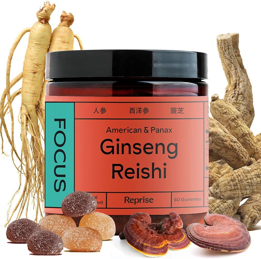 Focus Gummies with American Ginseng, Korean Panax Ginseng & Reishi Extract - Helps to Support Energy & Mood, Vegan, Low-Sugar, 60 Gummies, Pineapple, Loquat & Strawberry Flavor