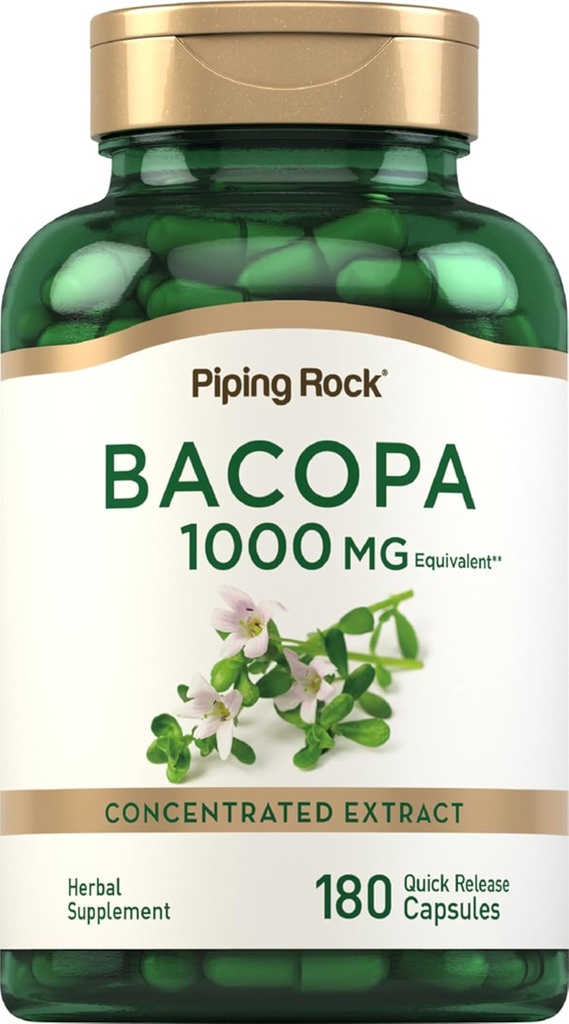 Piping Rock Bacopa Monnieri Suplemento 1000mg Silencio 180 Capsules Silencio Herbal Extract SilencioNon-GMO &amp; Gluten Gratis