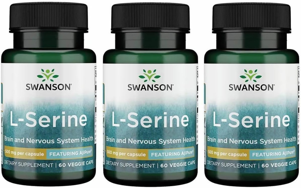 Swanson Ajipure L-Serine - Suplemento Aminoácidos Apoyo a la Salud del Cerebro " Función del sistema nervioso - Fórmula Natural Promoción Función Cognitiva - (60 cápsulas vegetales, 500 mg cada uno) (3 Pack)