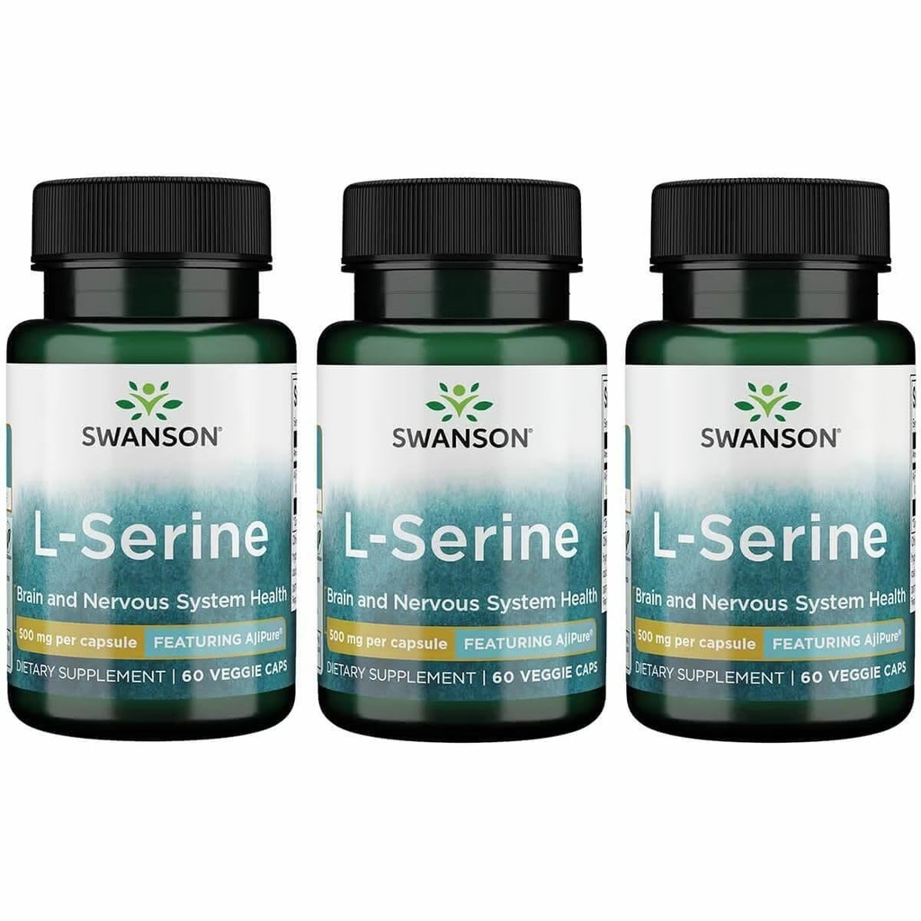 Swanson Ajipure L-Serine - Suplemento Aminoácidos Apoyo a la Salud del Cerebro " Función del sistema nervioso - Fórmula Natural Promoción Función Cognitiva - (60 cápsulas vegetales, 500 mg cada uno) (3 Pack)