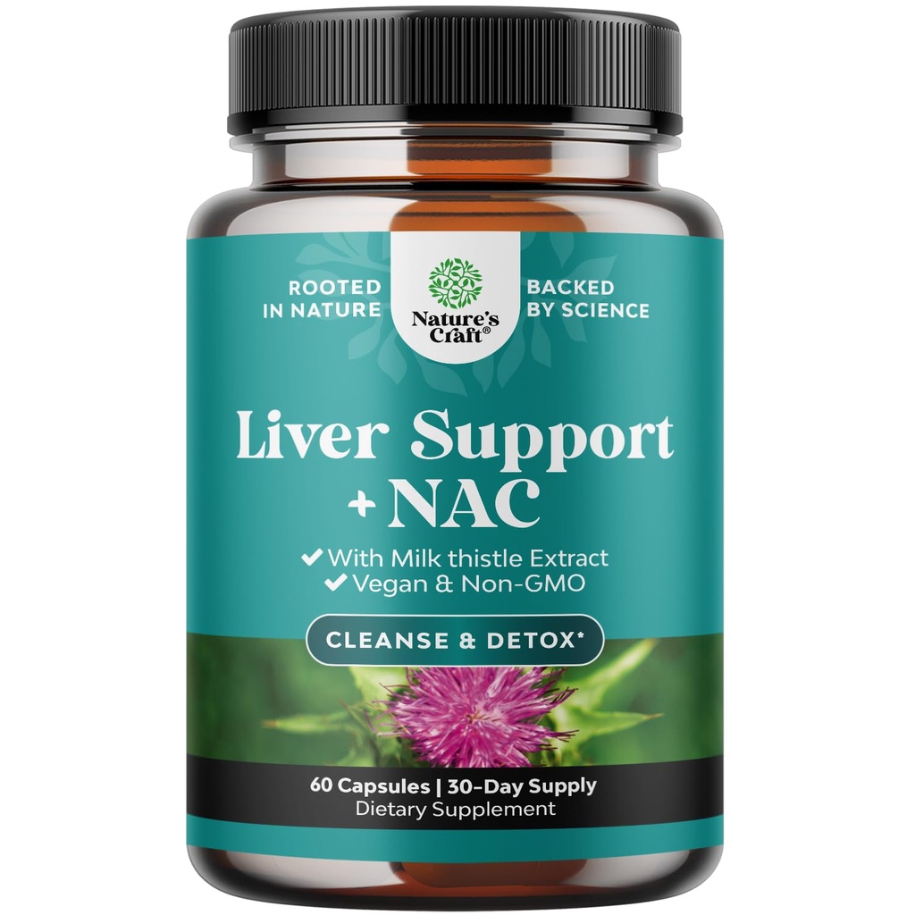 Liver Support NAC Suplemento con Leche Esteto para la limpieza del hígado Detox Reparación - N Acetyl Cysteine Suplemento para la limpieza del hígado con Turmeric, Choline, Dandelion & L-Glutathione - 60 Caps