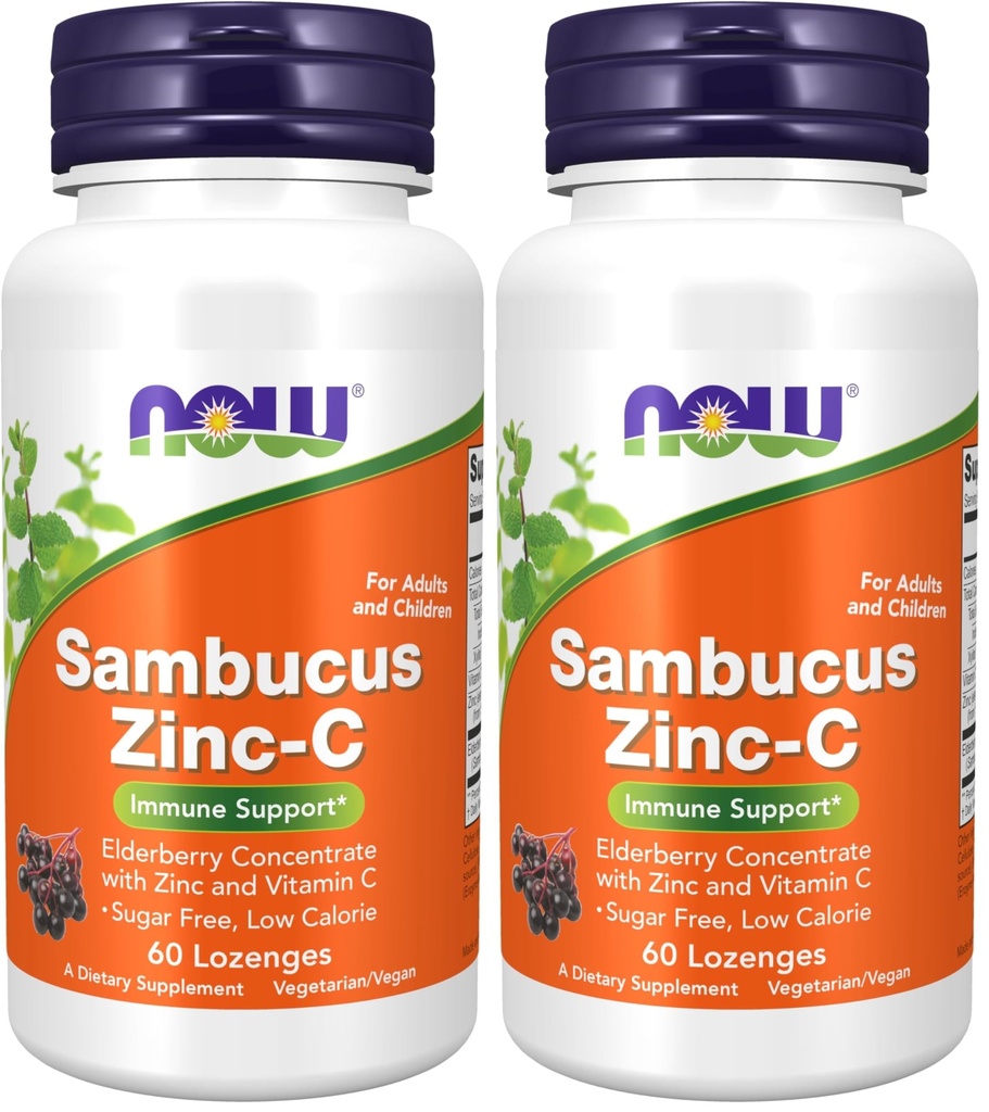 NOW Supplements, Sambucus Zinc-C with Elderberry Concentrate and Vitamin C, 60 Lozenges (Pack of 2)