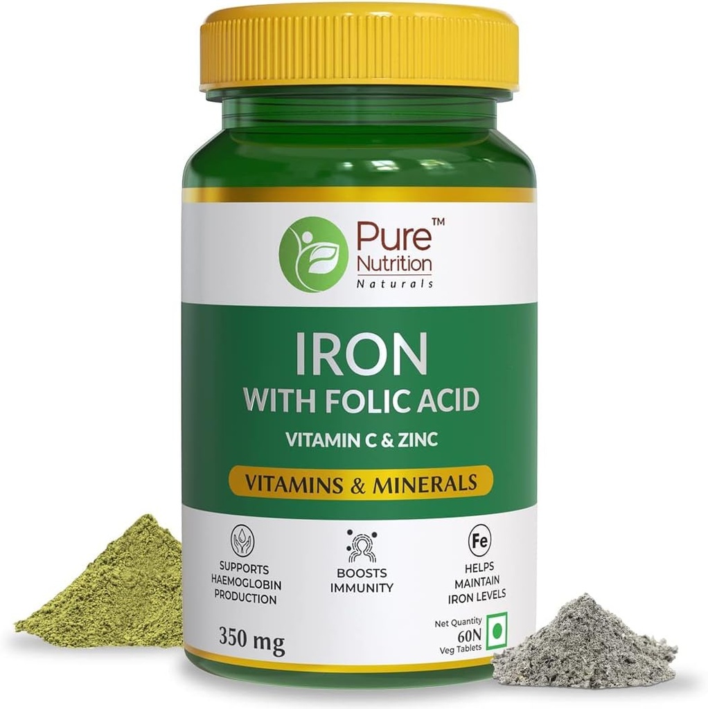 Genérico Iron Folic Acid Suplemento - 60 Veg Tablets with Zinc, Vitamina C &amp; Vitamina B12 para Hombres &amp; Mujeres TENIDO Apoyo Haemoglobin Producción, Boosts Immunity & Maintains Iron Level