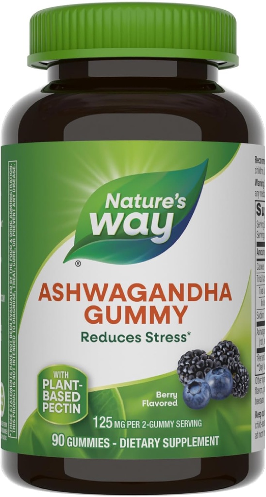 Camino de la Naturaleza Ashwagandha Gummies, Reducir el estrés con hierba adaptogénica*, 125 mg Por 2 tripmmy Serving, Berry Flavored, 90 Gummies (Packaging May Vary)