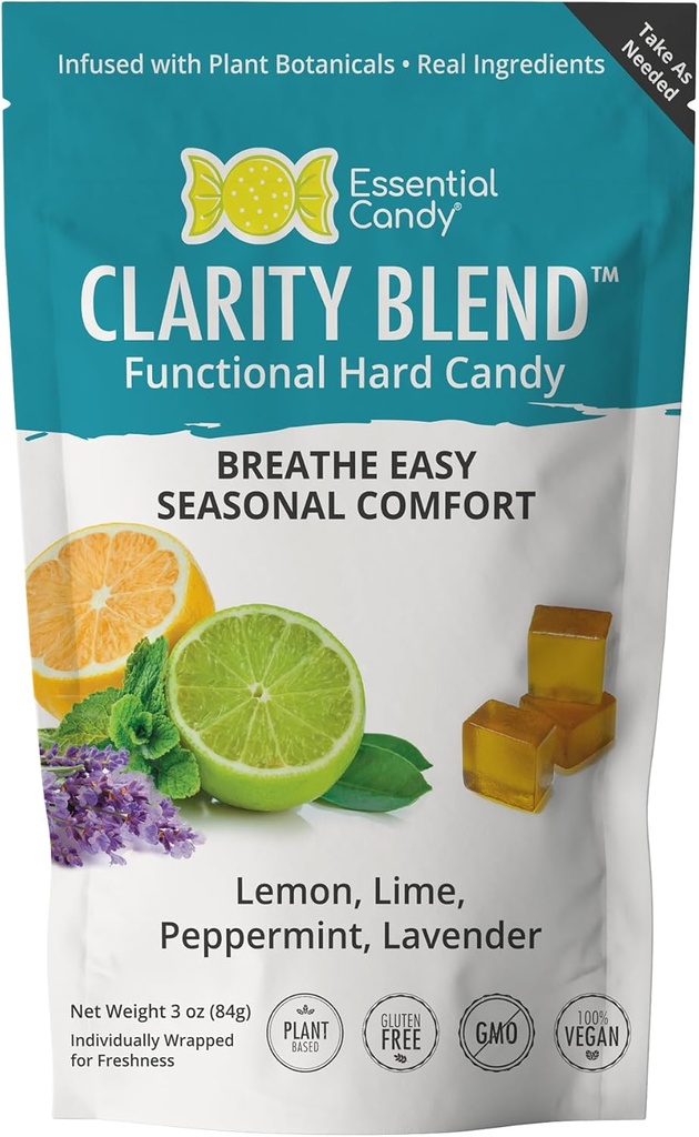 Clarity Blend Funal Hard Candy ← Soporte Estacional Respirar más fácil Silencio Orgánica Lemon, Lime, Peppermint, Lavender ANTE Gluten-Free, Non-GMO, Vegan - 24 Conde (Pack of 1)