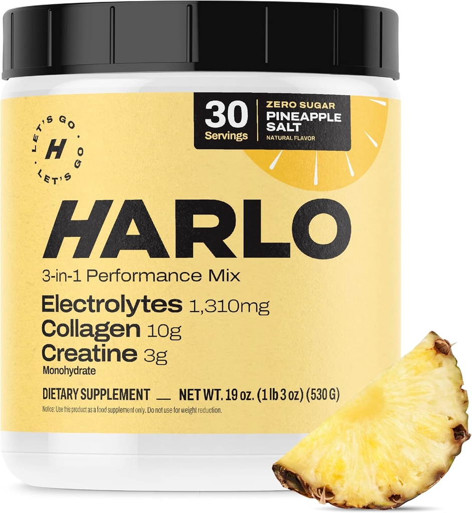 Harlo - Colagen &amp; Creatine Electrolyte Drink Mix – Pineapple Salt Flavor – Hidrating Pre &amp; Post Workout Powder – Apoya Skin, Mixs &amp; Muscle Recovery – Sugar-Free Energy Boost