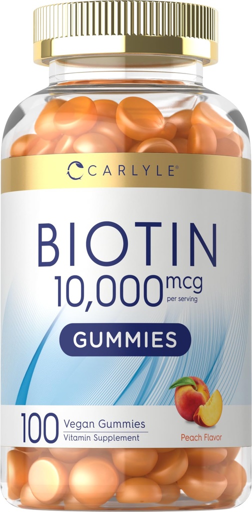 Carlyle Biotin 10000mcg Gummies | 100 Count | Peach Flavor Supplement | Vegan, Non-GMO, Gluten Free