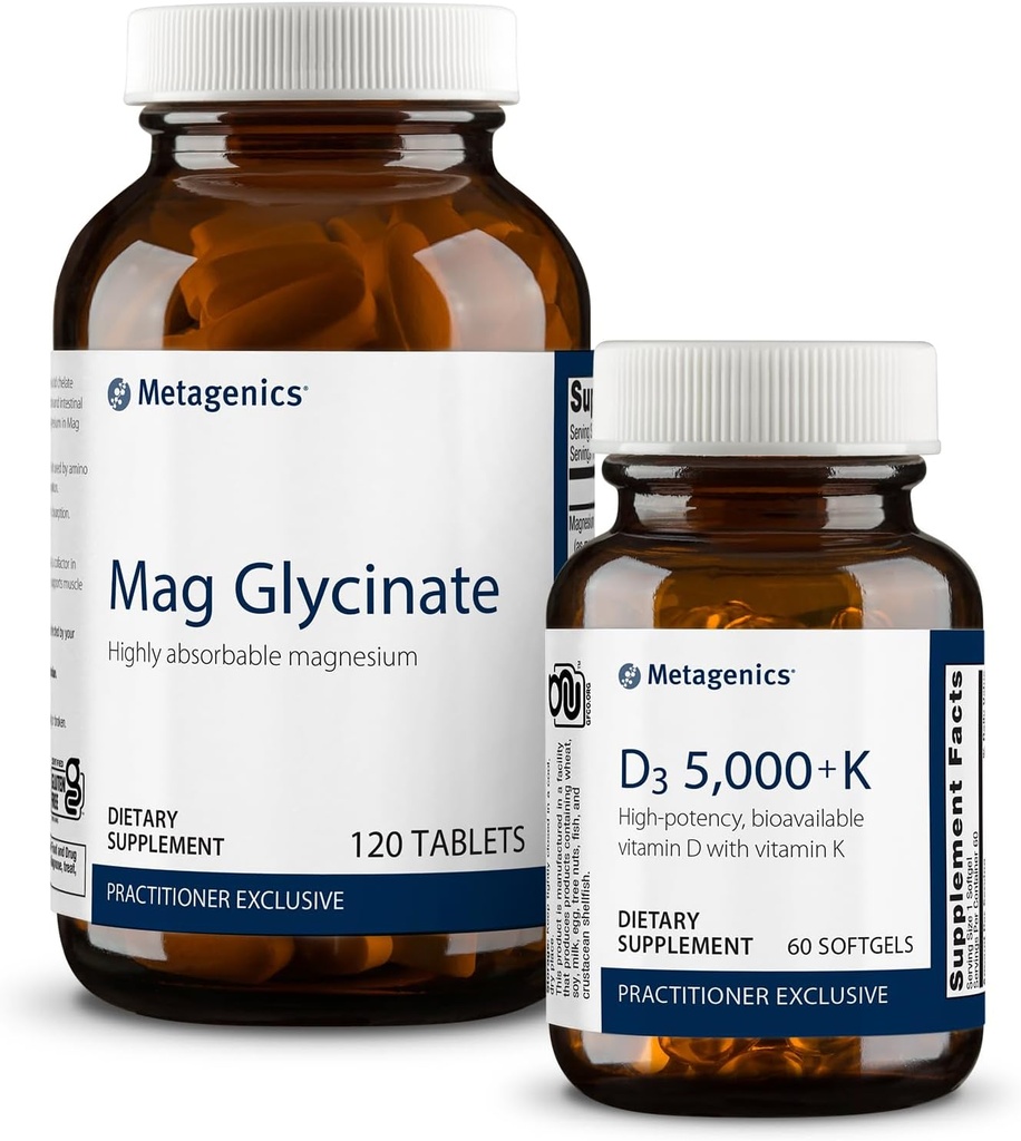 Metagenics Essential Wellness Duo: D3 5,000 + K - Immune Support, Bone and Heart Health - 60 Softgels & Magnesio altamente absorbible Glycinate for Muscles and Nervous System Support - 120 Tablets