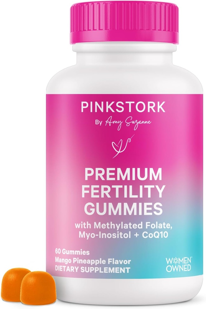 Pink Stork Fertility Gummies for Women – Pineapple Mango Flavor, Conception Support with Myo-Inositol, CoQ10, Folate, Zinc, Vitamin D, B6, B12 – Hormonal &amp; Reproductive Health Supplement – 60 Gummies