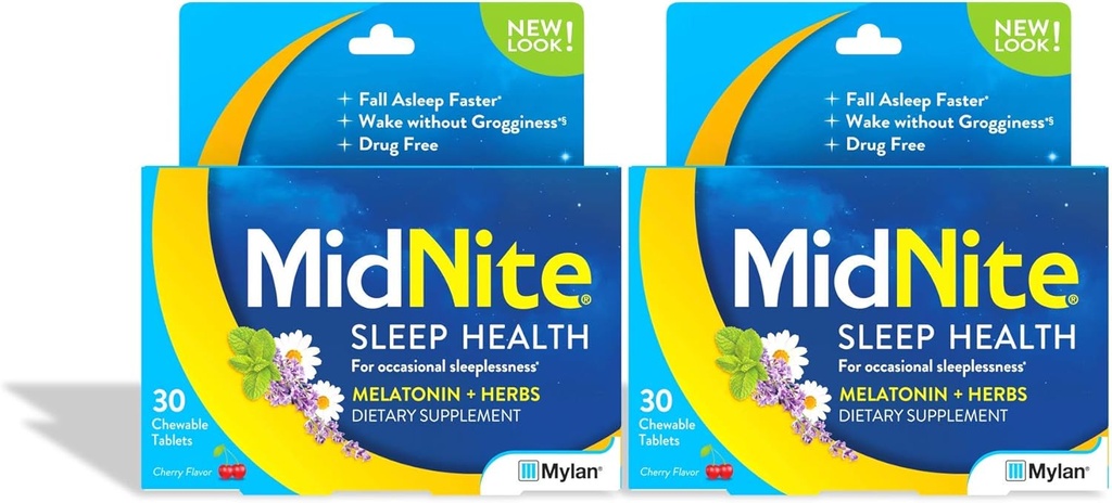 Suplemento de sueño natural de MidNite, Tablas Chewable, Sabor de cereza, 30 Cuenta (Pack de 2)