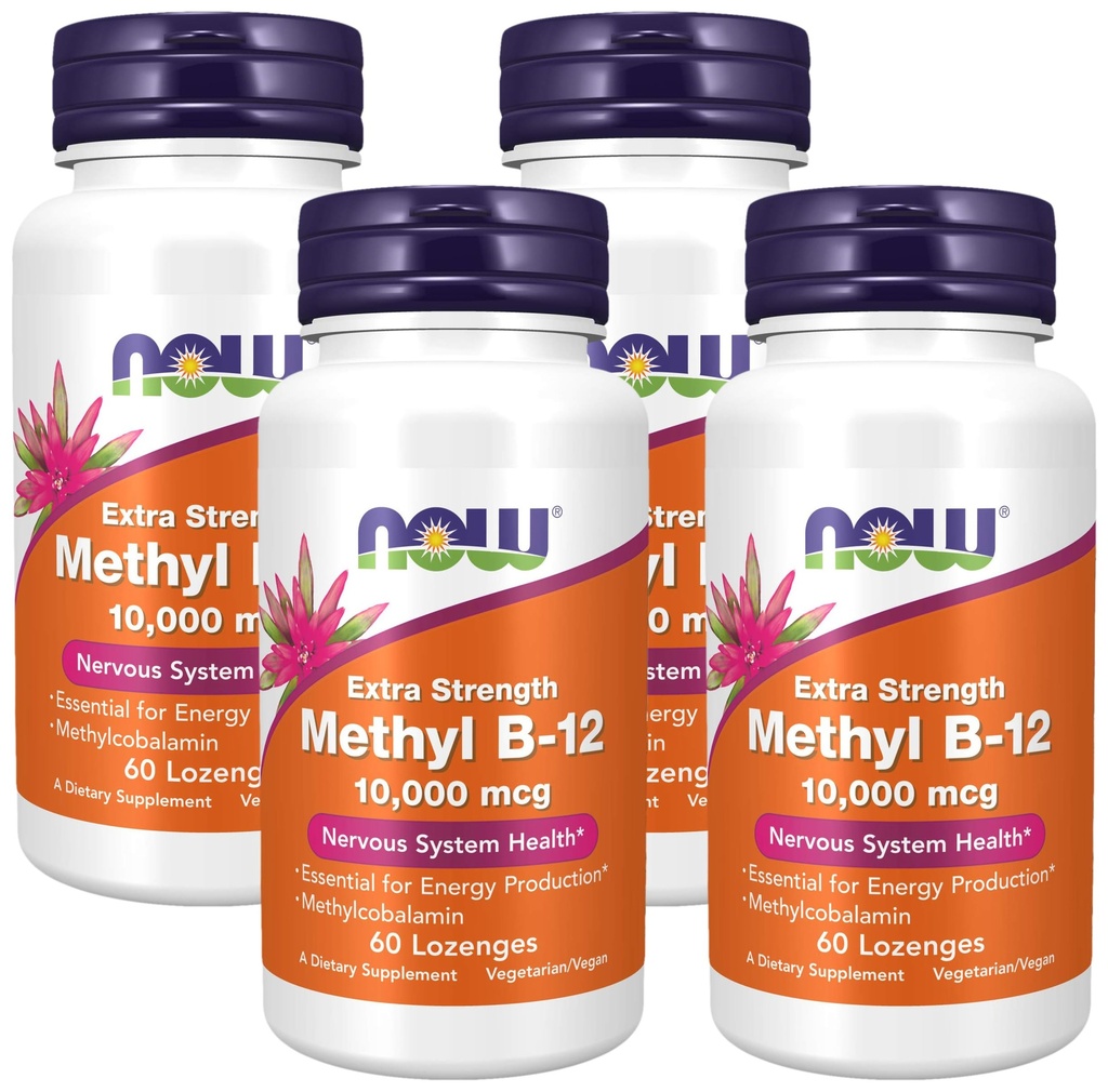 NOW Supplements, Methyl B-12 (Methylcobalamin) 10,000 mcg, Nervous System Health*, 60 Lozenges (Pack of 4)