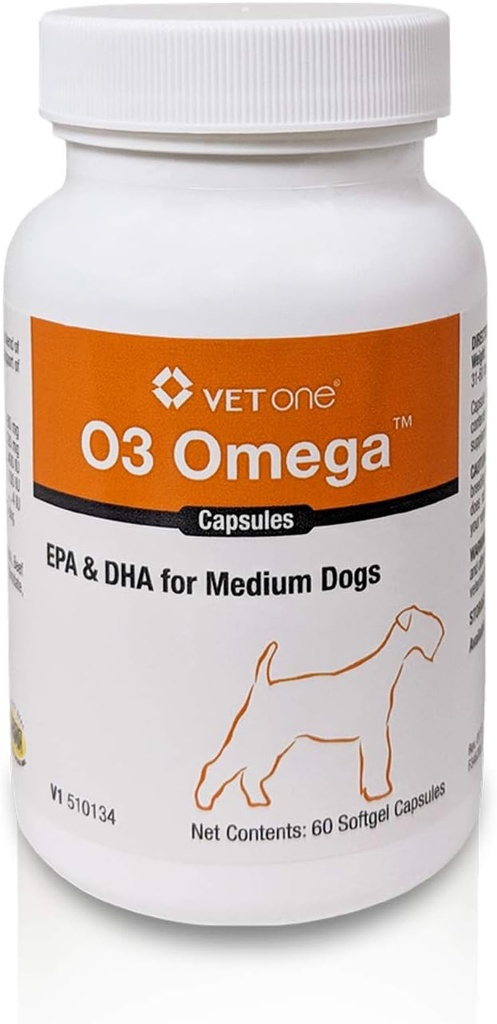 VetOne O3 Omega Soft Gel for Medium Dogs - esencial Fatty Acid Support - Skin & Coat Suplemento - 60 cápsulas