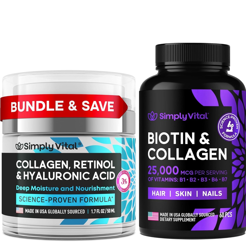 SimpleVital Biotin, Colagen &amp; Retinol Bundle – 5000mcg Biotina para el cabello, piel &amp; uñas + Anti-Aging Retinol & Hialuronic Acid Cream for Face, Neck &amp; Décolleté – Made in USA