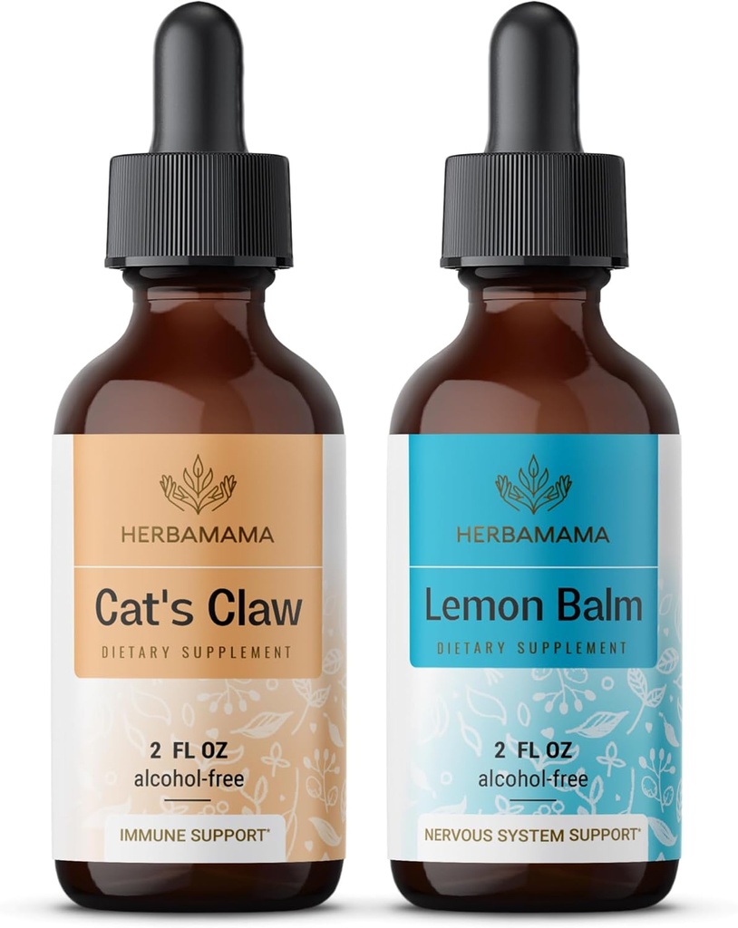 Herbamama Liquid Drops Kit - Bundle of Cat's Claw Extract 2 fl oz and Lemon Balm Tincture 2 fl oz - Vegan Herbal Supplement Liquid Extract - Non GMO, Sugar & Alcohol-Free - 2 Pack