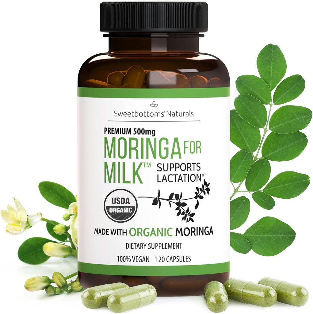 Suplemento de lactancia - Cápsulas de Moringa Orgánica para la lactancia materna Apoyo para Aumentar el suministro de leche materna (120 ct) Pólvora de hoja de malunggay pura para la producción de leche