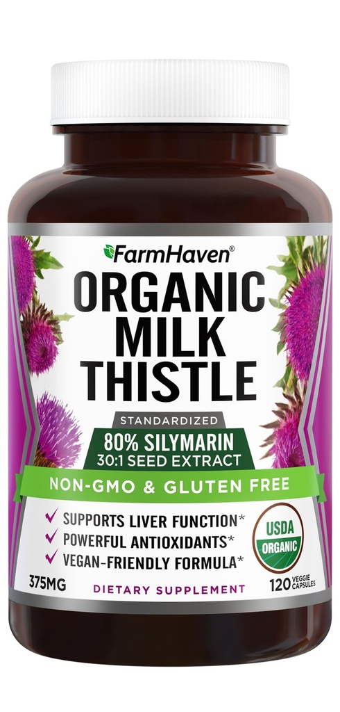 FarmHaven USDA Organic Milk Thistle Capsules TEN30X Concentrated Seed Extract & 80% Silymarin Standardized - Supports Liver Function and General Health TEN Non-GMO TEN 120 Veggie Capsules