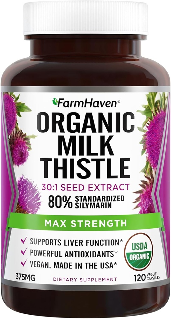 FarmHaven USDA Organic Milk Thistle Capsules TEN30X Concentrated Seed Extract & 80% Silymarin Standardized - Supports Liver Function and General Health TEN Non-GMO TEN 120 Veggie Capsules
