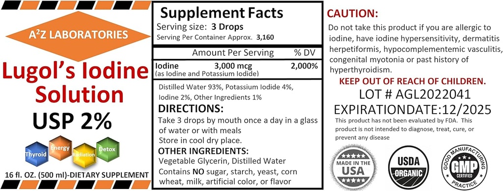 A2Z Ioduro de Lugol ecológico y Potasio 2% Solución 3000 mcg - Suplemento líquido gotas para soporte tiroideo para hombres, Metabolismo Salud, Detox Boost -16 Fl Oz/USA/Ships Hoy! (1)