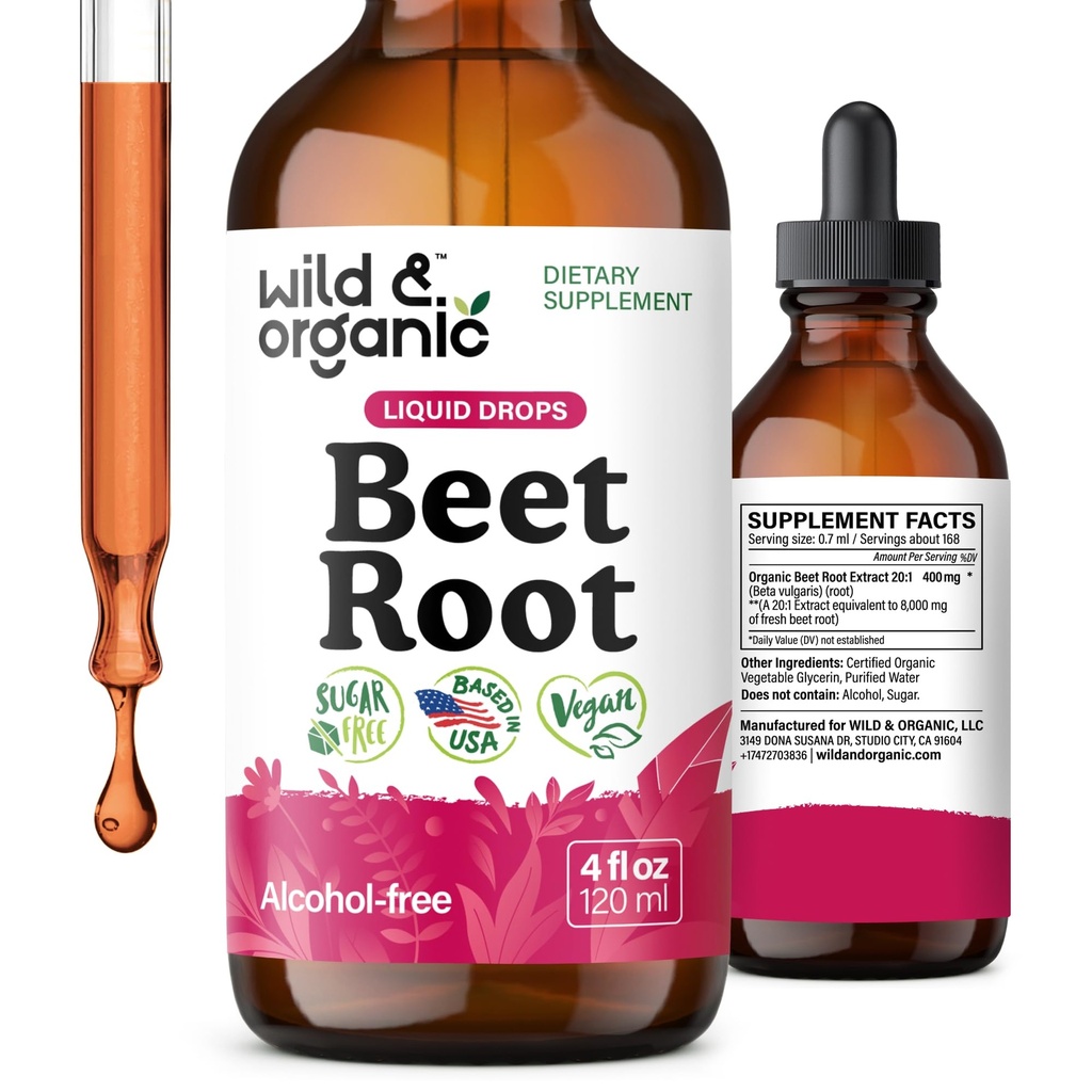 Wild &amp; Organic Beet Root Extract Drops - 8000 mg Fresh Beetroot Extract Equivalent - Extracto 20:1 - Liquid Red Beets Suplementos - 400 mg por Serving - Vegan, Alcohol &amp; Sugar-Free - 4 fl oz