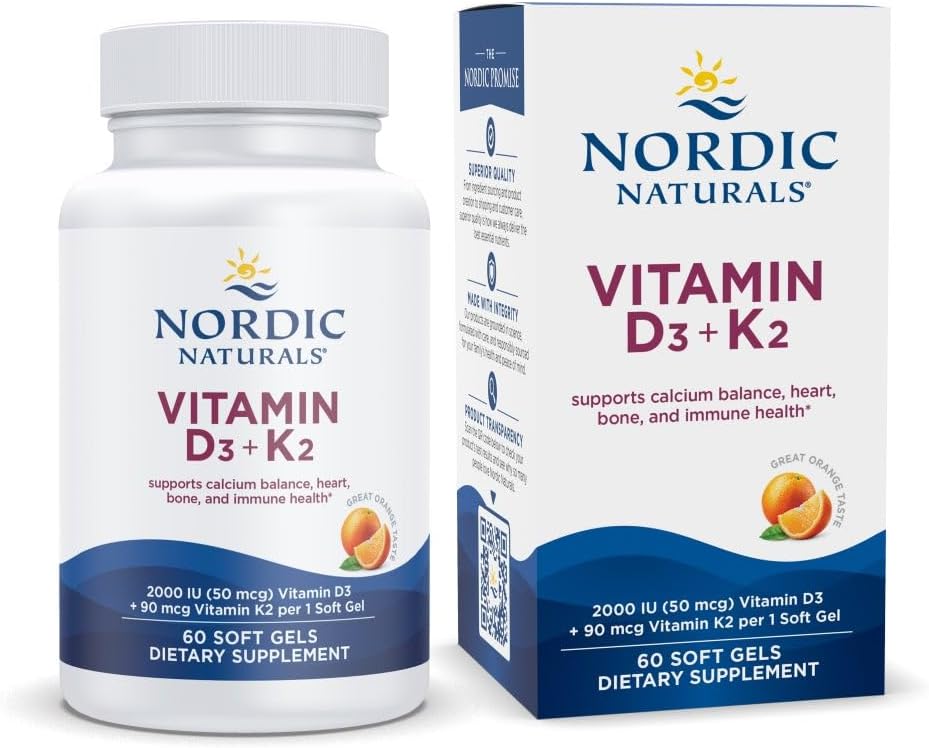 Naturales nórdicos Vitamina D3 + K2, Sabor de naranja - 60 Gels suaves - Soporte sinérgico para huesos, función inmune &amp; equilibrio de calcio - No GMO - 60 Servimientos
