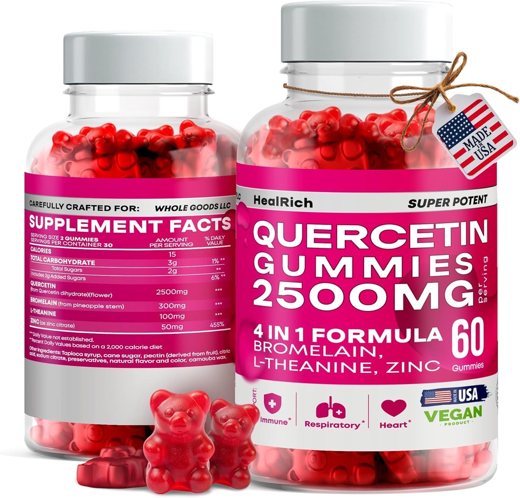 Quercetin Gummies - 2500MG con Bromelain, L-Theanine & Zinc Vegan Immune Support Suplemento para niños y adultos - Alivio de la alergia " Salud pulmonar