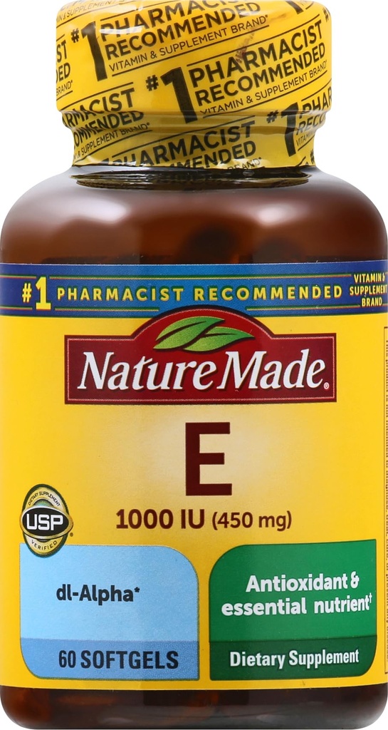Nature Made Vitamina E 450 mg (1000 UI) dl-Alpha Softgels, 60 Cuenta para soporte antioxidante (paquete mayo Vary)
