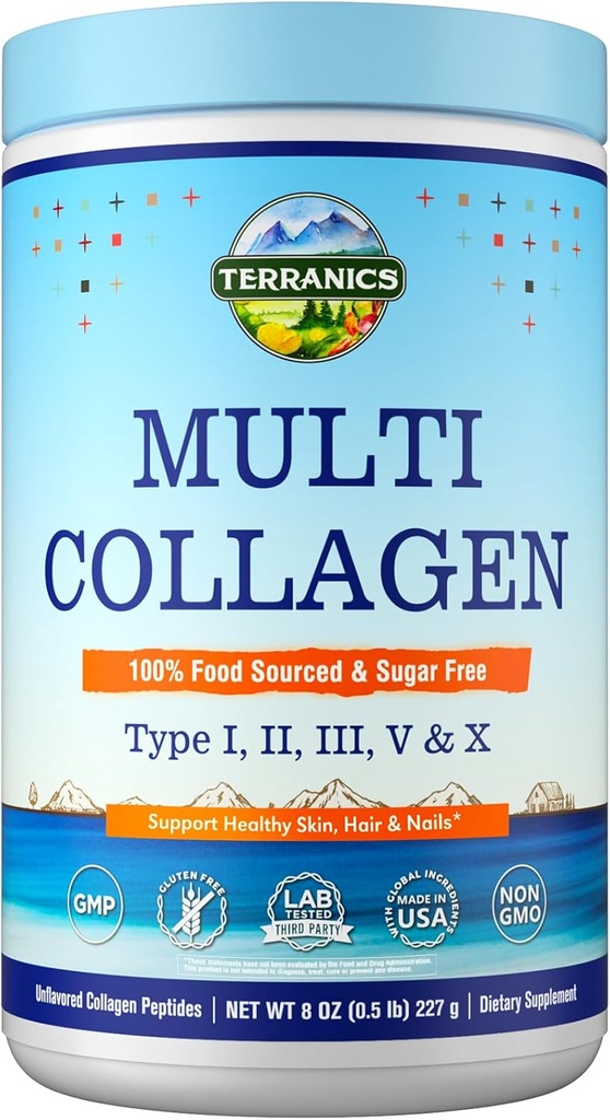 Péptidos multi colágeno de pólvora, Tipo I II III V X Collagen para Hombres, Suplementos de colágeno para la piel, uñas, cabello, fácil de disolver, sin sabor, sin azúcar, Keto, 8oz