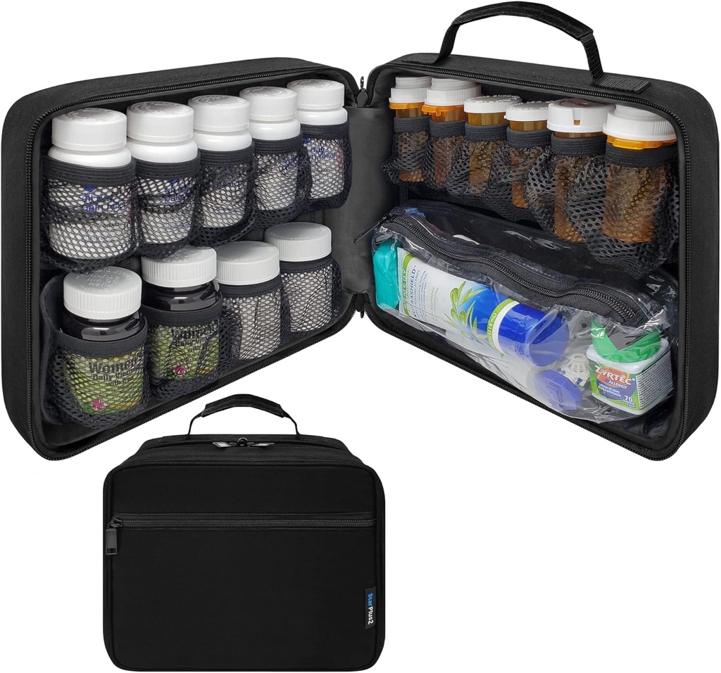 Gran organizador de botellas modulares acolchadas, bolsa de medicina, caso, portador de medicamentos, vitaminas y suministros médicos - para almacenamiento y viaje en casa - negro (sin bloqueo)