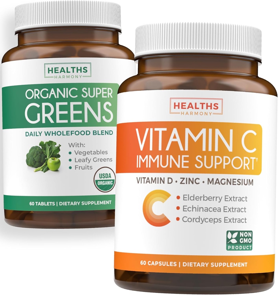 Super Greens &amp; Vitamina C (1-Month Supply) Greens &amp; C Synergy Bundle of Organic Super Greens Powder - Completo Superfood (60 cápsulas) " Vitamina C Immune Support (60 cápsulas vegetarianas)(Non-GMO)
