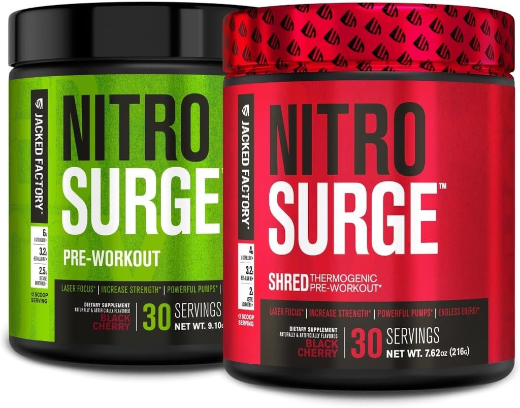 Nitrosurge Pre-Workout Jacked Factory Nitrosurge en cereza negra &amp; cereza negra Nitrosurge Terogénico Pre-Workout para Hombres &amp; Mujeres