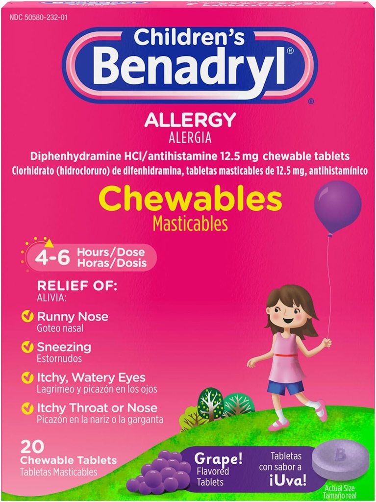 Benadryl Children's Allergy Medicine Chewables with Diphenhydramine HCl, Chewable Kids' Antihistamine Tablets for Relief of Allergy Symptoms Like Sneezing & Itchy Eyes, Grape Flavor, 20 cts