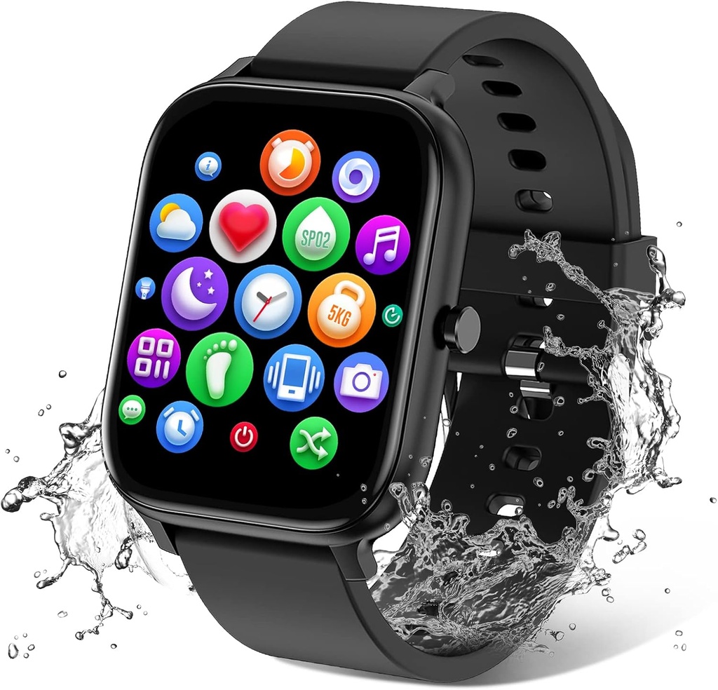 Reloj inteligente para hombres mujeres compatible con iPhone Samsung Android Phone 1.83 pulgadas Full Touch Screen IP68 Waterproof Bluetooh Fitness Tracker Heart Rate/Sleep Monitor, Black