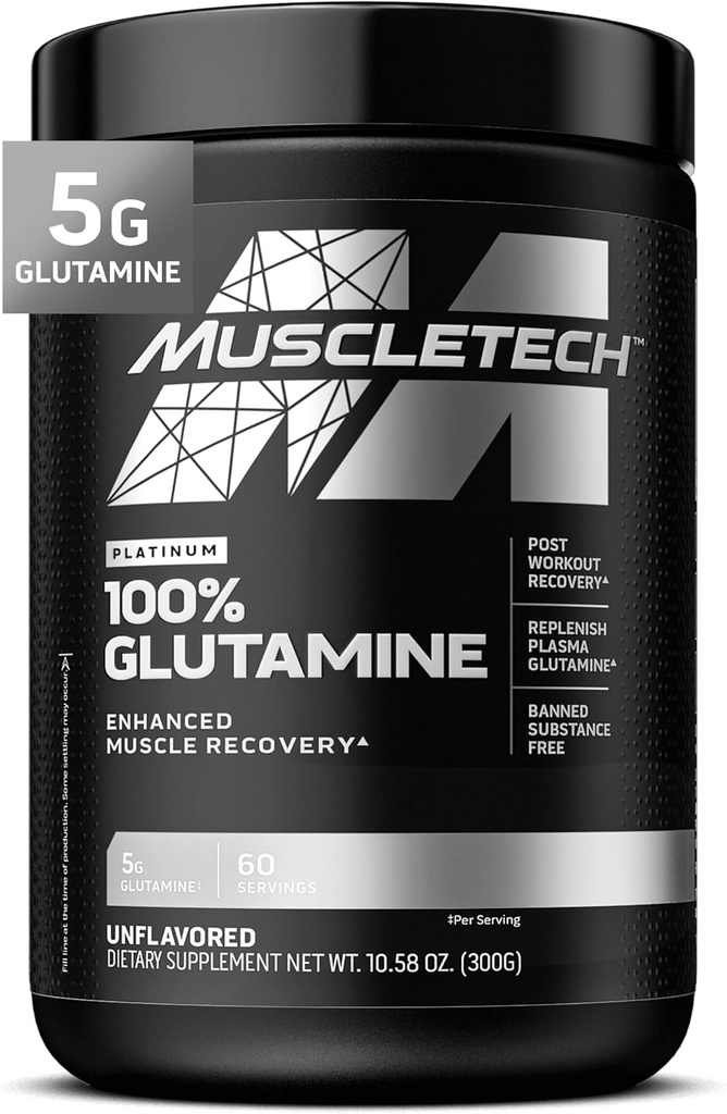 Muscletech 100% L-Glutamine Powder for Enhanced Muscle Recovery - Pure L Glutamine Muscle Growth Builder & Energy Boosting Nutritional Supplement for Men & Women - Unflavored, 60 Servings