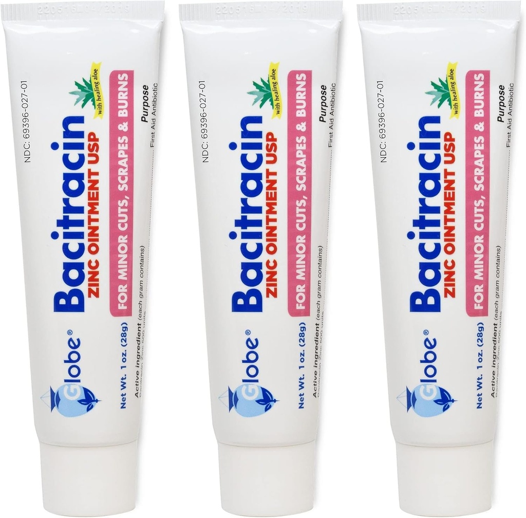 Globe (3 Pack) Intento de zinc Bacitracin + Aloe 1oz - Antibiótico de fuerza máxima para curar heridas - Solución médica tópica para cortes, quemaduras, escrapes - infección de piel " Esenciales de primeros auxilios