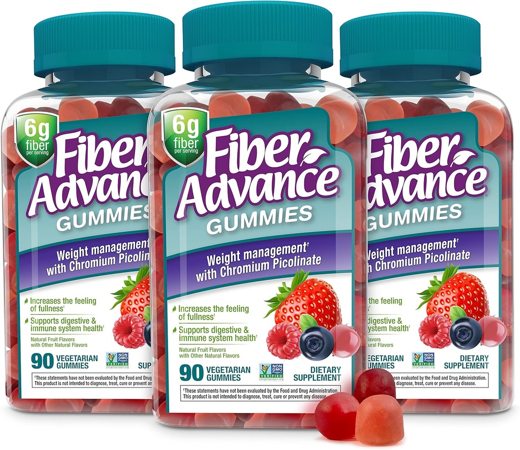 Fiber Advance Weight Management Gummies | 100% Plant Based Fiber for Digestive Wellness and Gut Health | Chromium Picolinate for Weight Management Support (3-Pack)