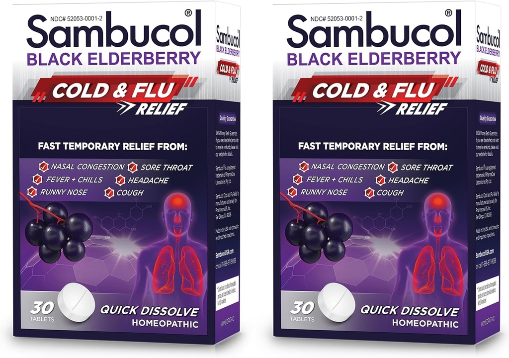 Sambucol Cold y Flu Relief Tablets - Homeopático Cold Medicine, Nasal & Sinus Congestion Relief, Use for Runny Nose, Coughing, Cold Remedy for Adults - Black Elderberry, 30 Count, 2-Pack