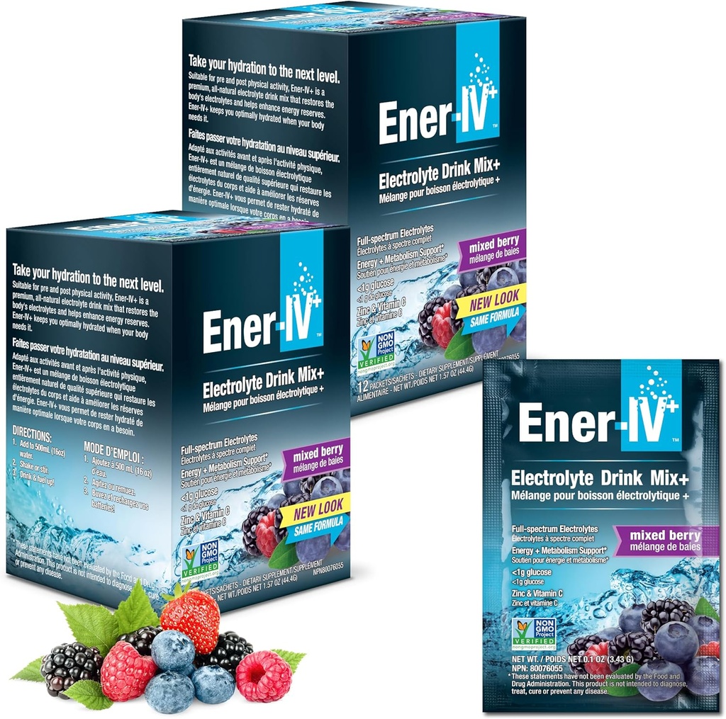 Ener-IV Electrolyte Drink Mix - Electrolytes Powder Packets, Hydration Powder Drink, Hydrate Liquid Mix, Low Sugar Rehydration for Women &amp; Hombre - Mixed Berry, 24 Cuenta