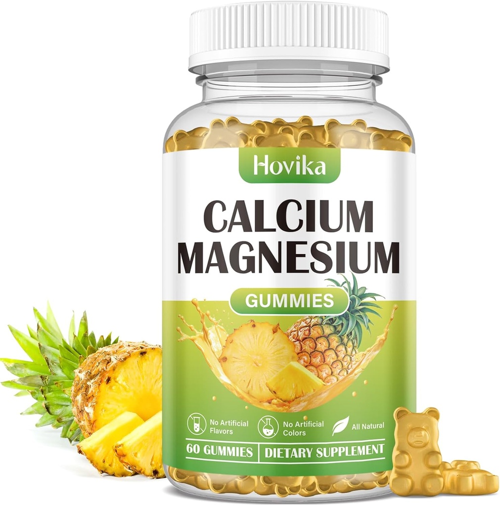 Calcio Magnesio Zinc Gummies, Calcio Magnesio 2:1 Ratio con vitamina D3, K2, B6, B12 para la fuerza ósea, Función muscular " Nerve Health, Fórmula de Absorción Extra, Vegan, Pineapple Flavor 60 Gummies