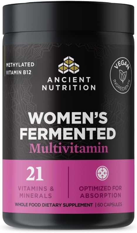 Multivitamina de nutrición antigua para las mujeres, Multivitamina fermentada de las mujeres con vitamina C, D, K, Zinc &amp; Magnesio, Apoyo a la Inmunidad, Vegan, 60 Ct