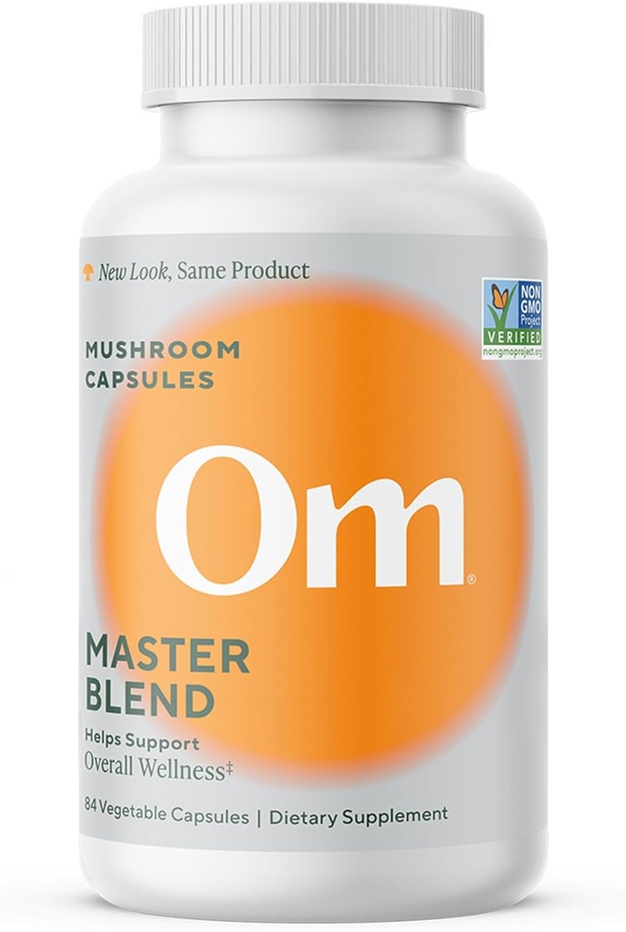 Om Master Blend Mushroom Capsules - Suplemento Orgánica de Mushroom con 10 Mushrooms y Ashwagandha - Apoyo a la inmunidad, Gut Health & Stress Relief, 84 Conde (28 Servimientos)