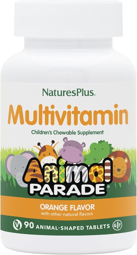 Natures Plus Animal Parade Multivitamina Agridulce para Niños - Naranja Sabor - 90 Tablas con Forma de Animales - Promueve Salud &amp; Bienestar - Vegetariano, Gluten Gratis - 45 Servimientos