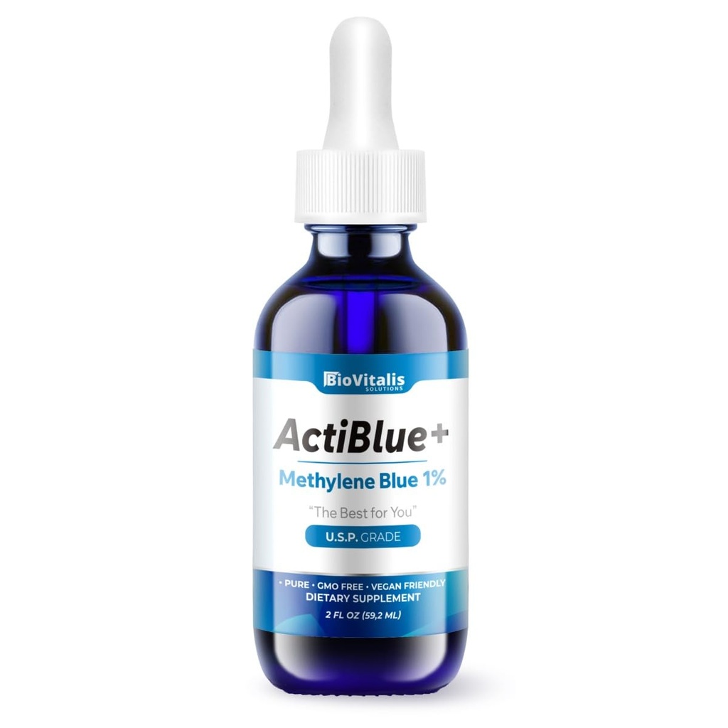 Actiblue+ Metileno Azul 1% : Metileno Azul ISO Certified Tercero Laboratorio Tested 99,9% No Formaldehyde No Alcohol No Gluten implicaGMO(2Fl. Oz)