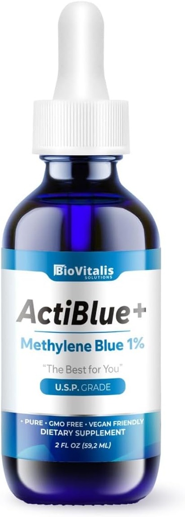 Actiblue+ Metileno Azul 1% : Metileno Azul ISO Certified Tercero Laboratorio Tested 99,9% No Formaldehyde No Alcohol No Gluten implicaGMO(2Fl. Oz)