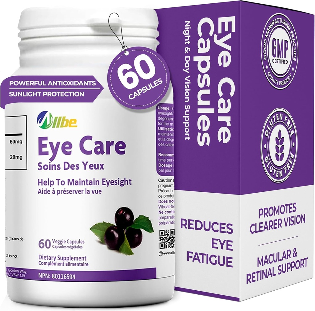 Cuidado de los ojos cápsulas, paquete de 60 Lutein 20mg y Maqui Berry 60mg servidos, suplementos de salud de los ojos para adultos